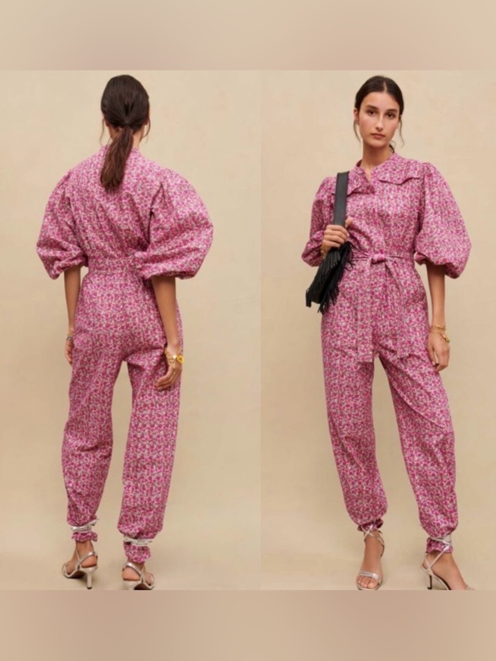 Maje Paris Pink Floral Cotton Jumpsuit Puff Sleeve Belted Romper EU 42 US XL